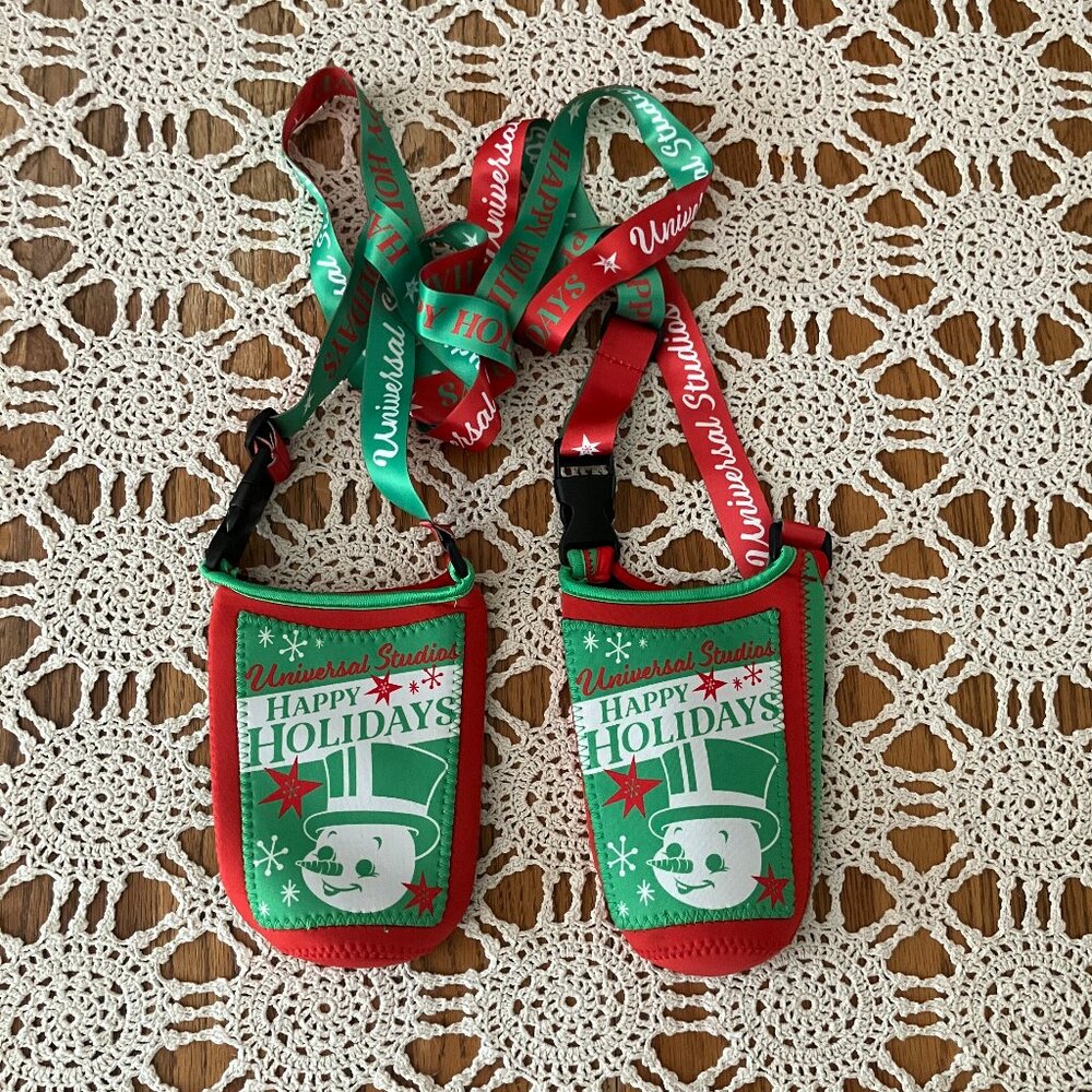 Set of 2 Universal Studios Happy Holidays Neoprene Drink Holders with Lanyards